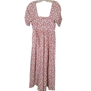 Free People She’s a Dream Prairie Floral Midi Dress Puff Sleeve Red White Size 6